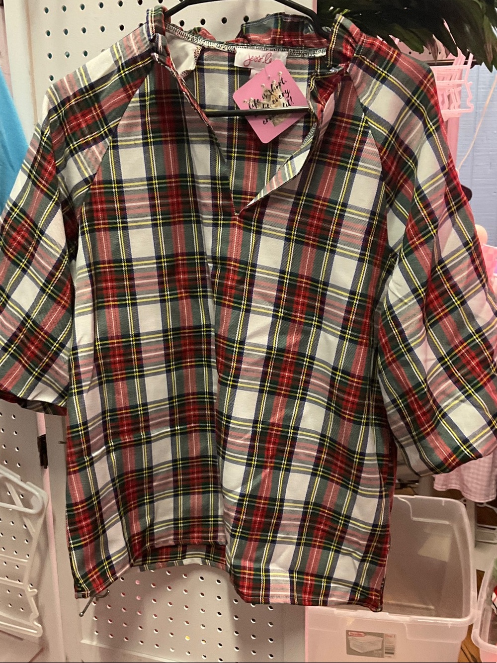 Plaid Short-Sleeve Blouse in Red and Green